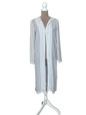 BCBGeneration Hooded Semi-Sheer White Open Front Top with Navy Pinstripes